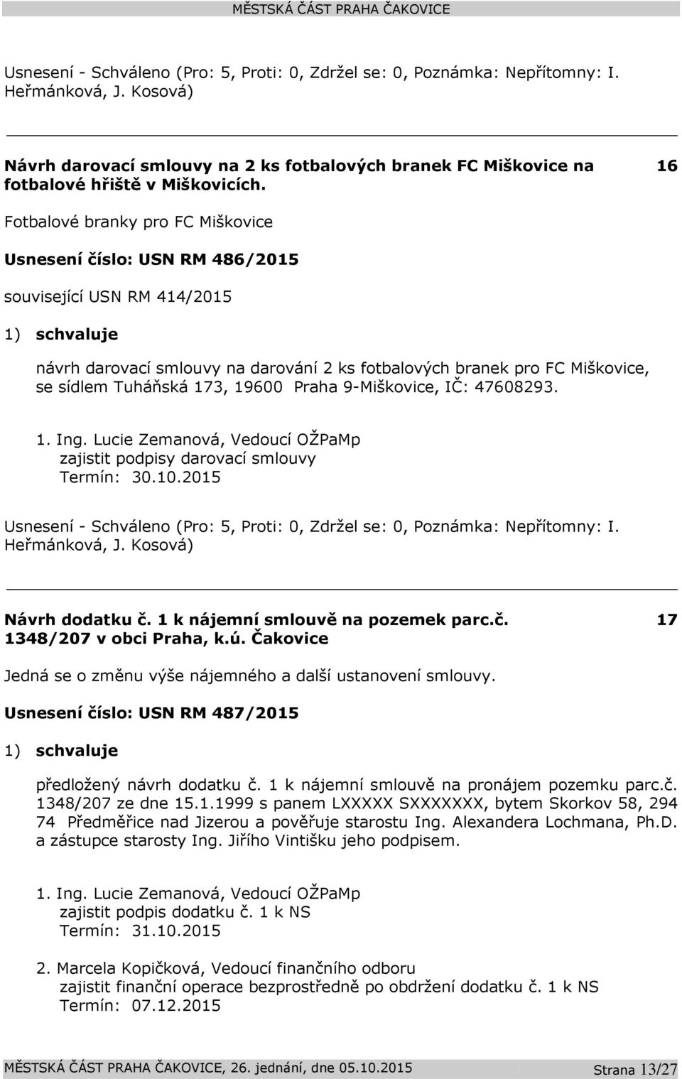 9-Miškovice, IČ: 47608293. zajistit podpisy darovací smlouvy Heřmánková, J. Návrh dodatku č. 1 k nájemní smlouvě na pozemek parc.č. 1348/207 v obci Praha, k.ú.