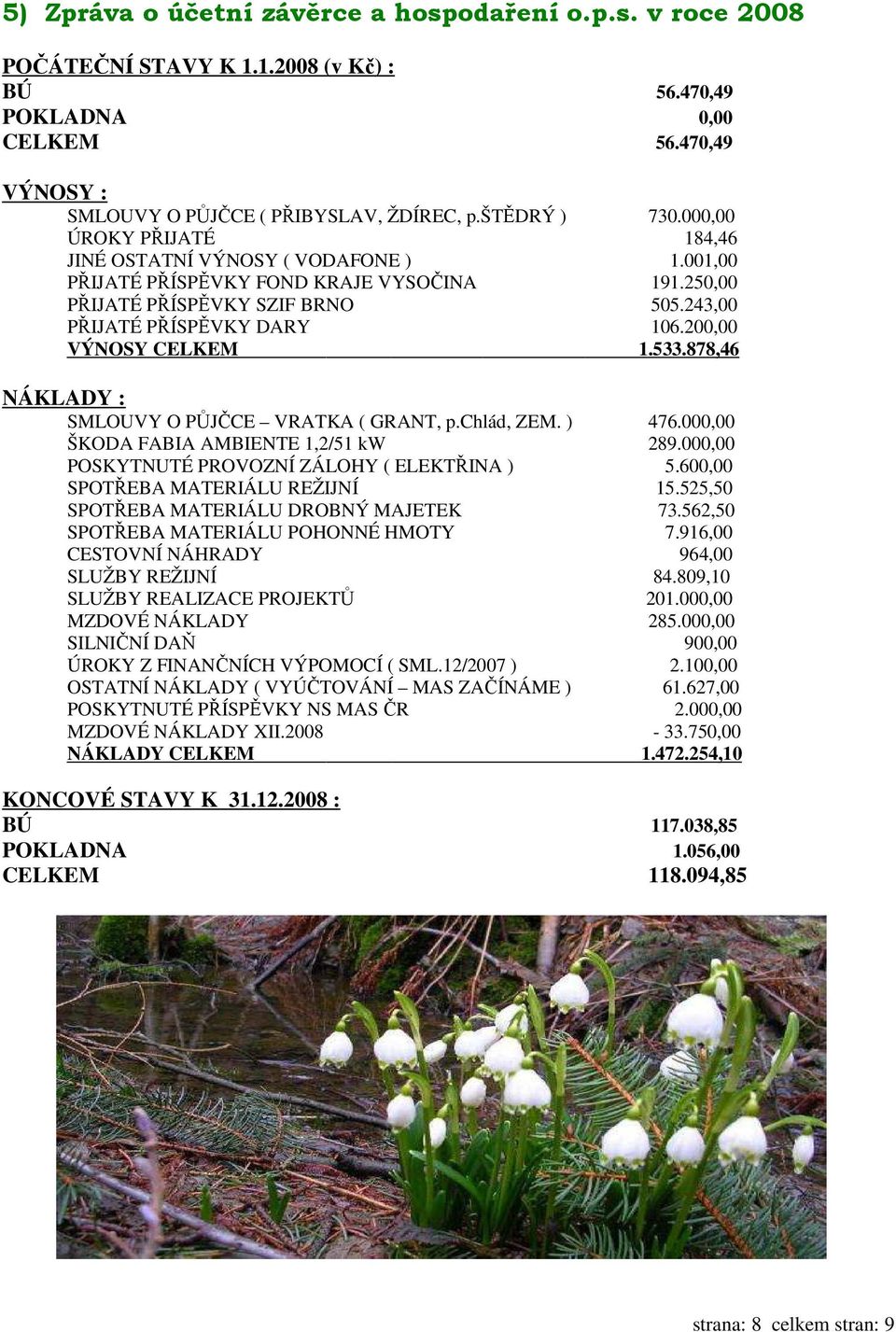 200,00 VÝNOSY CELKEM 1.533.878,46 NÁKLADY : SMLOUVY O PŮJČCE VRATKA ( GRANT, p.chlád, ZEM. ) 476.000,00 ŠKODA FABIA AMBIENTE 1,2/51 kw 289.000,00 POSKYTNUTÉ PROVOZNÍ ZÁLOHY ( ELEKTŘINA ) 5.