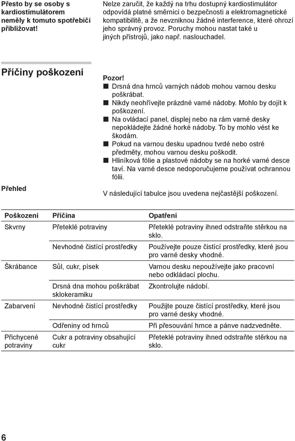 provoz. Poruchy mohou nastat také u jiných přístrojů, jako např. naslouchadel. Příčiny poškození Přehled Pozor! p Drsná dna hrnců varných nádob mohou varnou desku poškrábat.