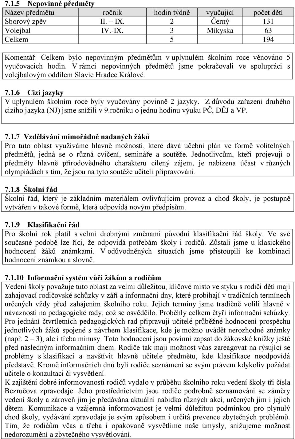 V rámci nepovinných předmětů jsme pokračovali ve spolupráci s volejbalovým oddílem Slavie Hradec Králové. 7.1.6 Cizí jazyky V uplynulém školním roce byly vyučovány povinně 2 jazyky.