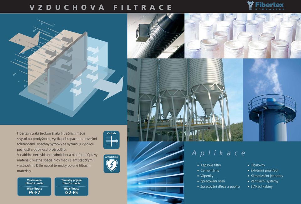 V nabídce nechybí ani hydrofobní a oleofobní úpravy materiálů včetně speciálních médií s antistatickými vlastnostmi. Dále nabízí termicky pojené filtrační materiály.