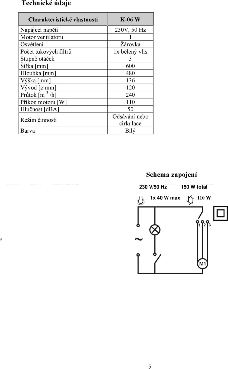 Výška [mm] 136 Vývod [ø mm] 120 Průtok [m 3 /h] 240 Příkon motoru [W] 110 Hlučnost [dba] 50 Režim