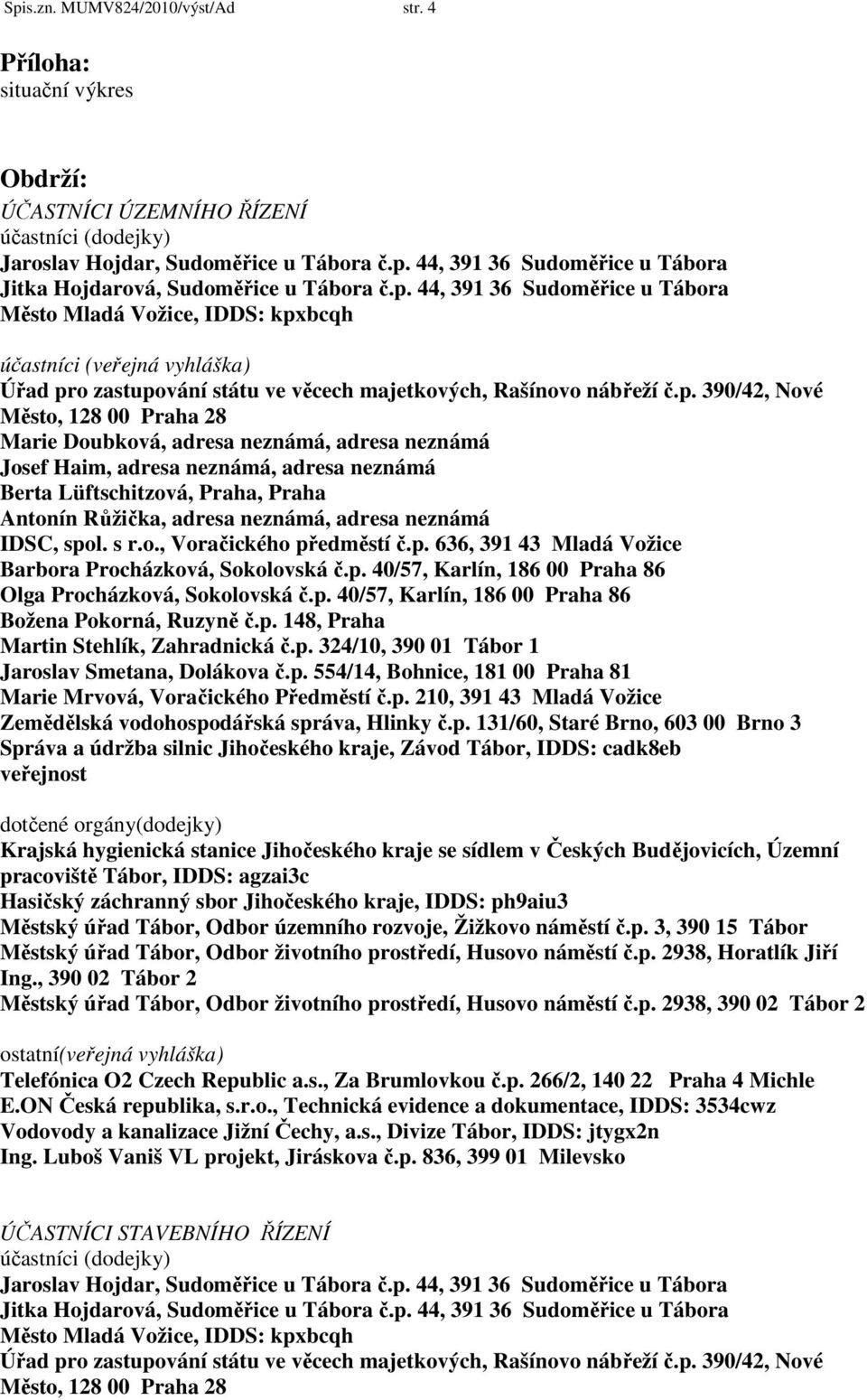 Praha 28 Marie Doubková, adresa neznámá, adresa neznámá Josef Haim, adresa neznámá, adresa neznámá Berta Lüftschitzová, Praha, Praha Antonín Růžička, adresa neznámá, adresa neznámá IDSC, spol. s r.o., Voračického předměstí č.