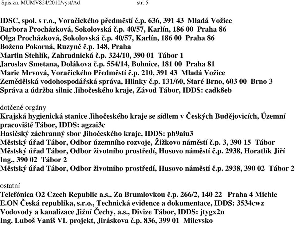 p. 210, 391 43 Mladá Vožice Zemědělská vodohospodářská správa, Hlinky č.p. 131/60, Staré Brno, 603 00 Brno 3 Správa a údržba silnic Jihočeského kraje, Závod Tábor, IDDS: cadk8eb dotčené orgány