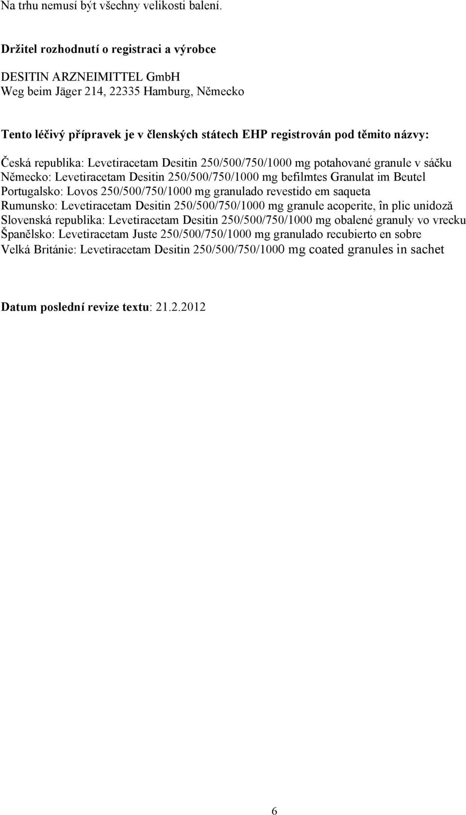 republika: Levetiracetam Desitin 250/500/750/1000 mg potahované granule v sáčku Německo: Levetiracetam Desitin 250/500/750/1000 mg befilmtes Granulat im Beutel Portugalsko: Lovos 250/500/750/1000 mg