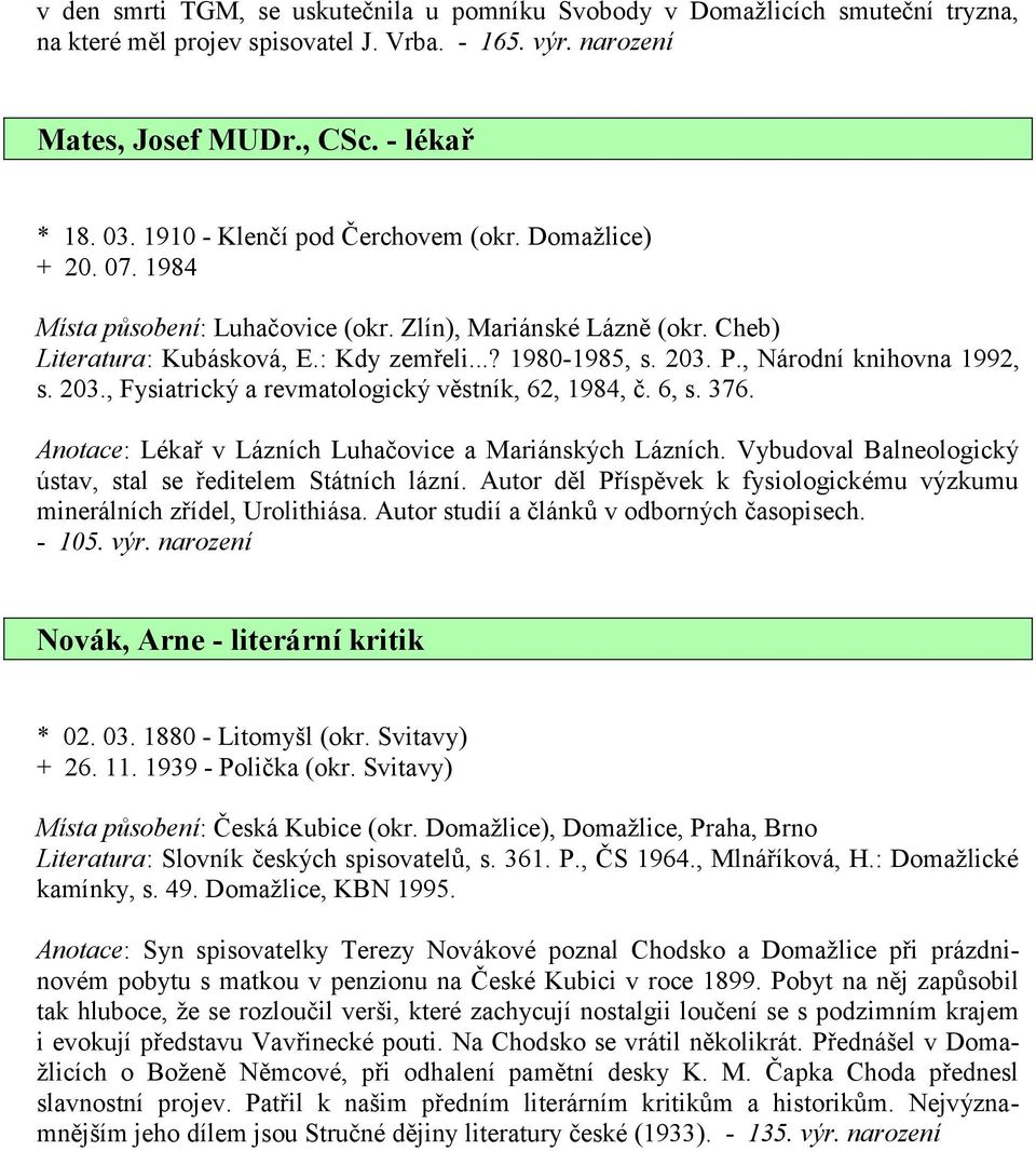 , Národní knihovna 1992, s. 203., Fysiatrický a revmatologický věstník, 62, 1984, č. 6, s. 376. Anotace: Lékař v Lázních Luhačovice a Mariánských Lázních.