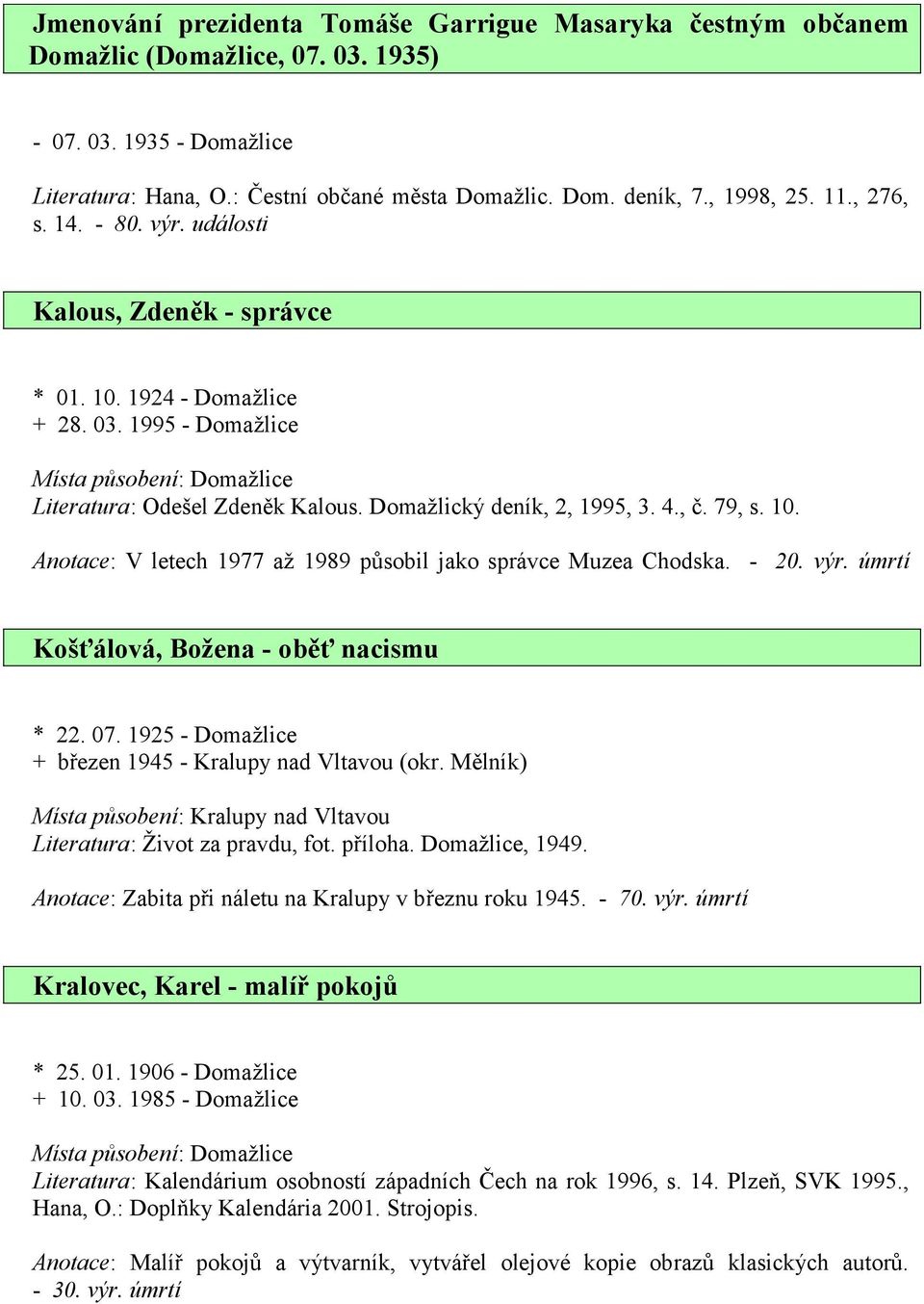 79, s. 10. Anotace: V letech 1977 až 1989 působil jako správce Muzea Chodska. - 20. výr. úmrtí Košťálová, Božena - oběť nacismu * 22. 07. 1925 - Domažlice + březen 1945 - Kralupy nad Vltavou (okr.
