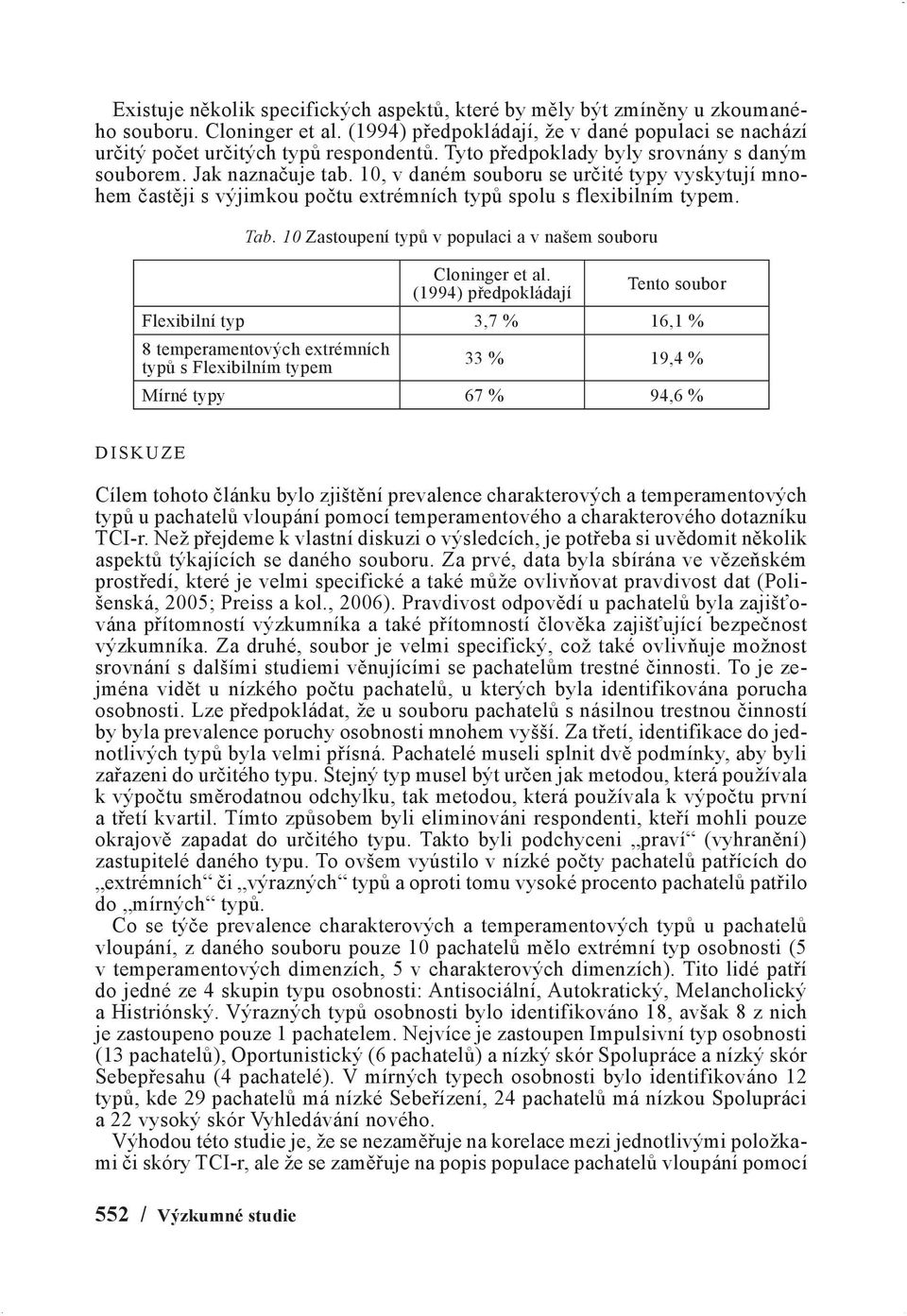 10 Zastoupení typů v populaci a v našem souboru Cloninger et al.