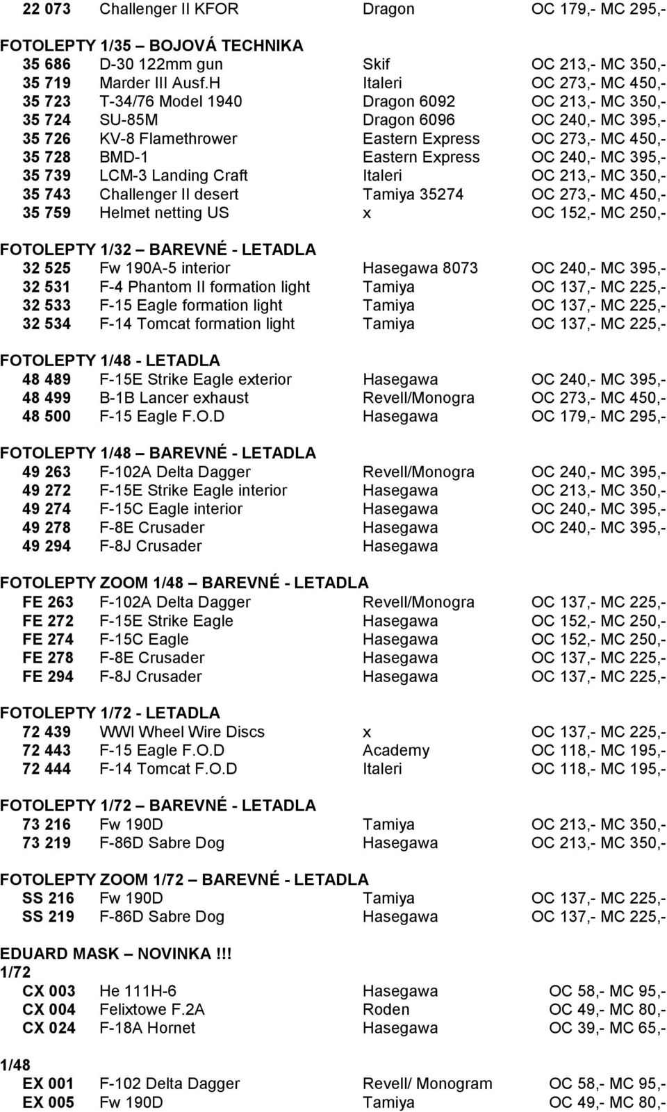 Eastern Express OC 240,- MC 395,- 35 739 LCM-3 Landing Craft Italeri OC 213,- MC 350,- 35 743 Challenger II desert Tamiya 35274 OC 273,- MC 450,- 35 759 Helmet netting US x OC 152,- MC 250,-