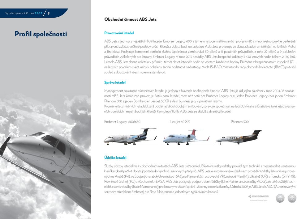 business aviation. ABS Jets provozuje ze dvou základen umístěných na letištích Praha a Bratislava. Poskytuje komplexní portfolio služeb.