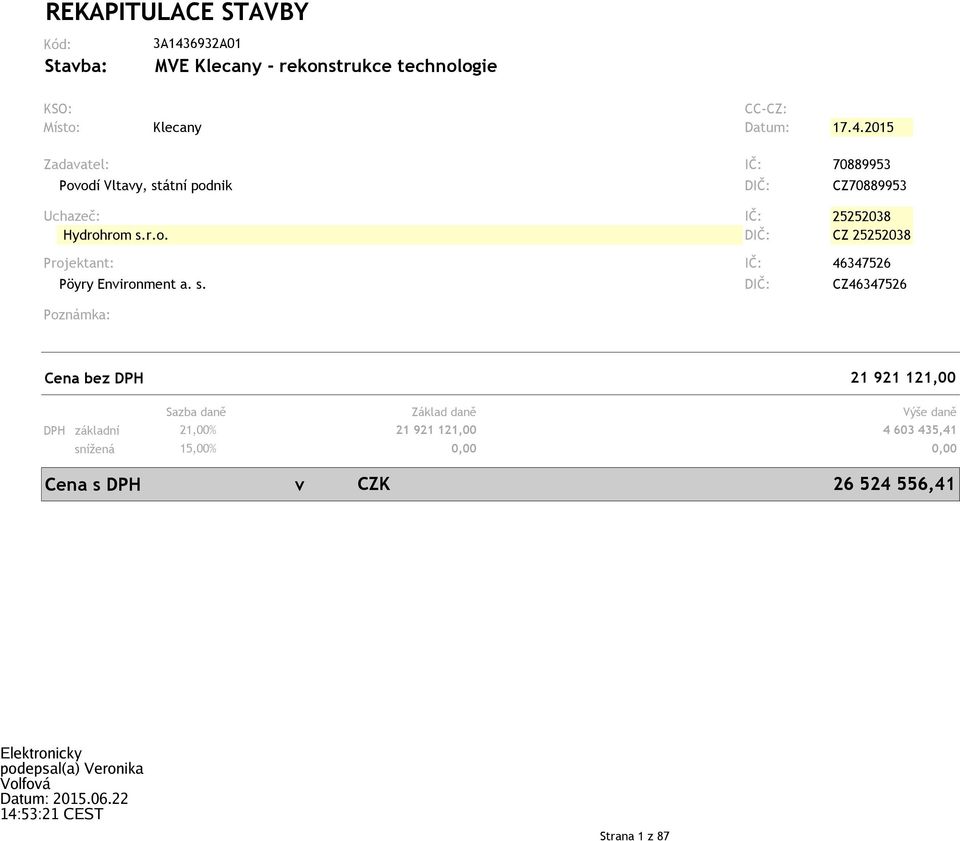 s. DIČ: CZ46347526 Poznámka: 3A1436932A01 Cena bez DPH DPH základní snížená 21 921 121,00 Sazba daně Základ daně