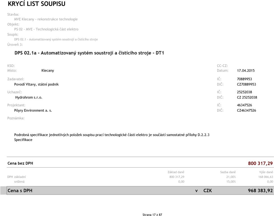 r.o. DIČ: CZ 25252038 Projektant: IČ: 46347526 Pöyry Environment a. s.