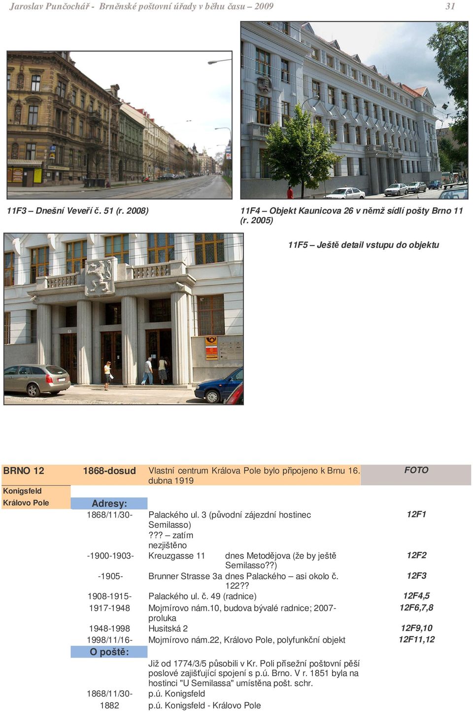 ?? zatím nezjišt no Kreuzgasse 11 dnes Metod jova (že by ješt Semilasso??) Brunner Strasse 3a dnes Palackého asi okolo. 122?? Palackého ul.. 49 (radnice) Mojmírovo nám.