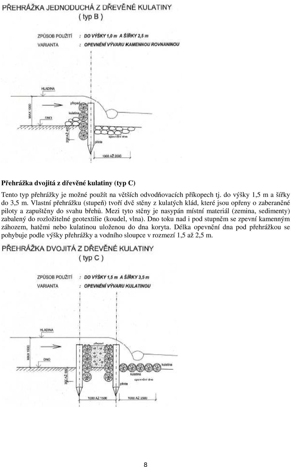 Mezi tyto stěny je nasypán místní materiál (zemina, sedimenty) zabalený do rozložitelné geotextilie (koudel, vlna).
