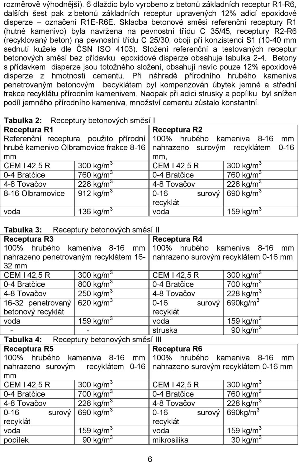 (10-40 mm sednutí kužele dle ČSN ISO 4103). Složení referenční a testovaných receptur betonových směsí bez přídavku epoxidové disperze obsahuje tabulka 2-4.