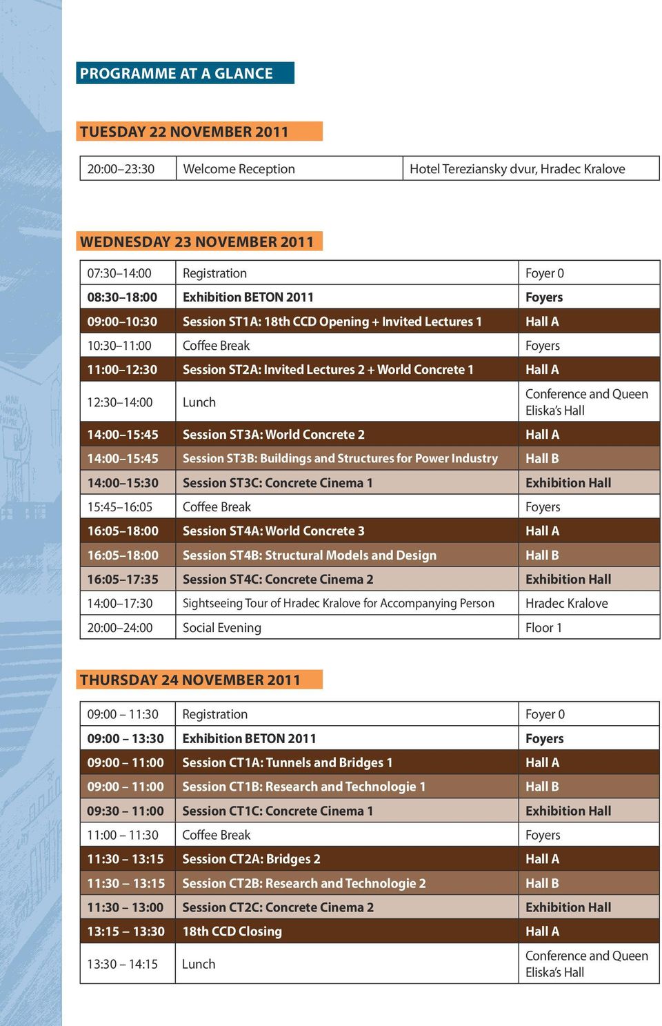 14:00 Lunch Conference and Queen Eliska s Hall 14:00 15:45 Session ST3A: World Concrete 2 Hall A 14:00 15:45 Session ST3B: Buildings and Structures for Power Industry Hall B 14:00 15:30 Session ST3C: