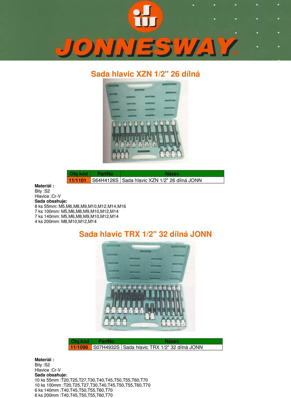 1/2" 32 dílná JONN 11/1098 S07H4932S Sada hlavic TRX 1/2" 32 dílná JONN Materiál : Bity :S2 Hlavice :Cr-V Sada obsahuje: 10 ks 55mm