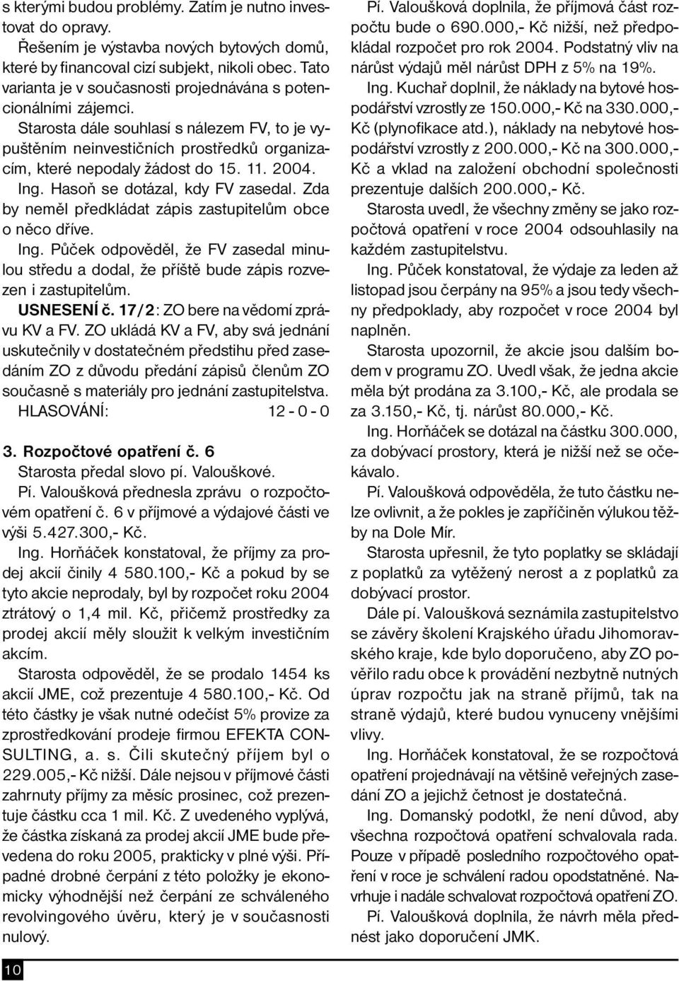 2004. Ing. Hasoň se dotázal, kdy FV zasedal. Zda by neměl předkládat zápis zastupitelům obce o něco dříve. Ing. Půček odpověděl, že FV zasedal minulou středu a dodal, že příště bude zápis rozvezen i zastupitelům.