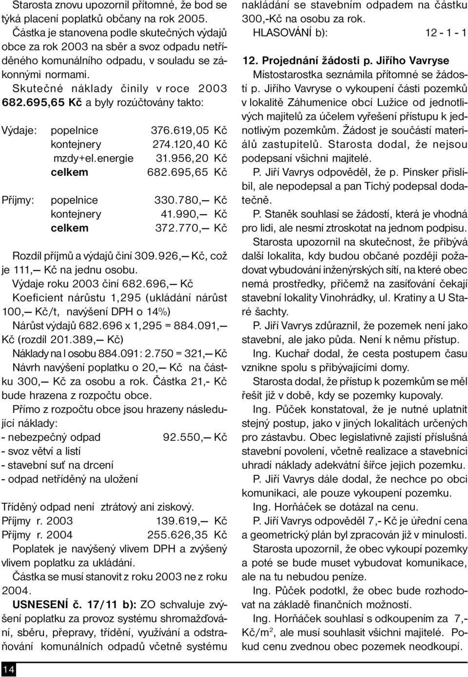 695,65 Kč a byly rozúčtovány takto: Výdaje: popelnice 376.619,05 Kč kontejnery 274.120,40 Kč mzdy+el.energie 31.956,20 Kč celkem 682.695,65 Kč Příjmy: popelnice 330.780, Kč kontejnery 41.