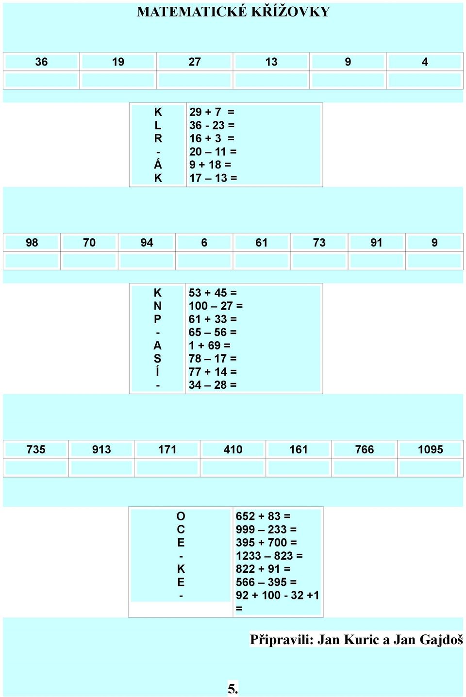 17 = 77 + 14 = 34 28 = 735 913 171 410 161 766 1095 O C E E 652 + 83 = 999 233 = 395 +