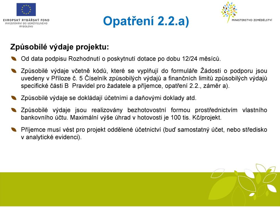 5 Číselník způsobilých výdajů a finančních limitů způsobilých výdajů specifické části B Pravidel pro žadatele a příjemce, opatření 2.2., záměr a).