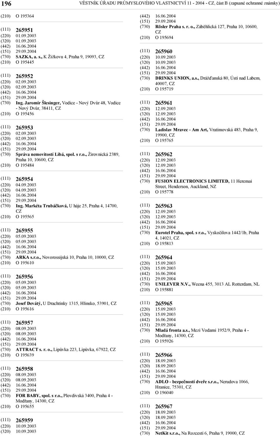 09.2003 04.09.2003 Ing. Markéta Trubáčková, U háje 25, Praha 4, 14700, O 195565 265955 05.09.2003 05.09.2003 ARKA s.r.o., Novorossijská 10, Praha 10, 10000, O 195610 265956 05.09.2003 05.09.2003 Josef Devátý, U Drachtinky 1315, Hlinsko, 53901, O 195616 265957 08.