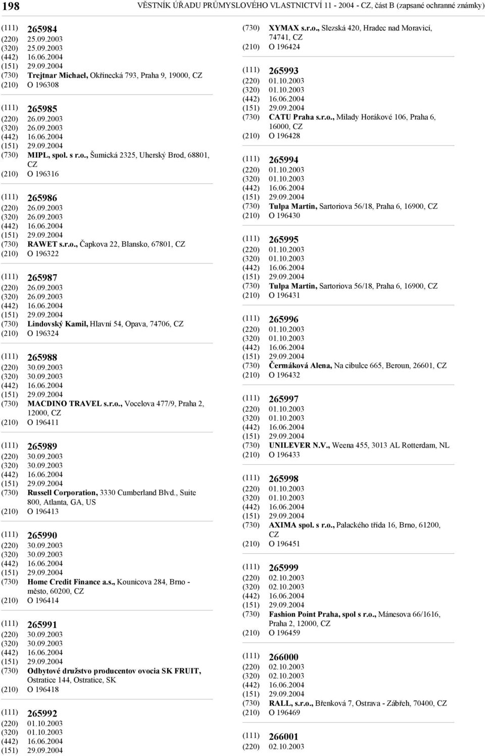 09.2003 30.09.2003 MACDINO TRAVEL s.r.o., Vocelova 477/9, Praha 2, 12000, O 196411 265989 30.09.2003 30.09.2003 Russell Corporation, 3330 Cumberland Blvd.