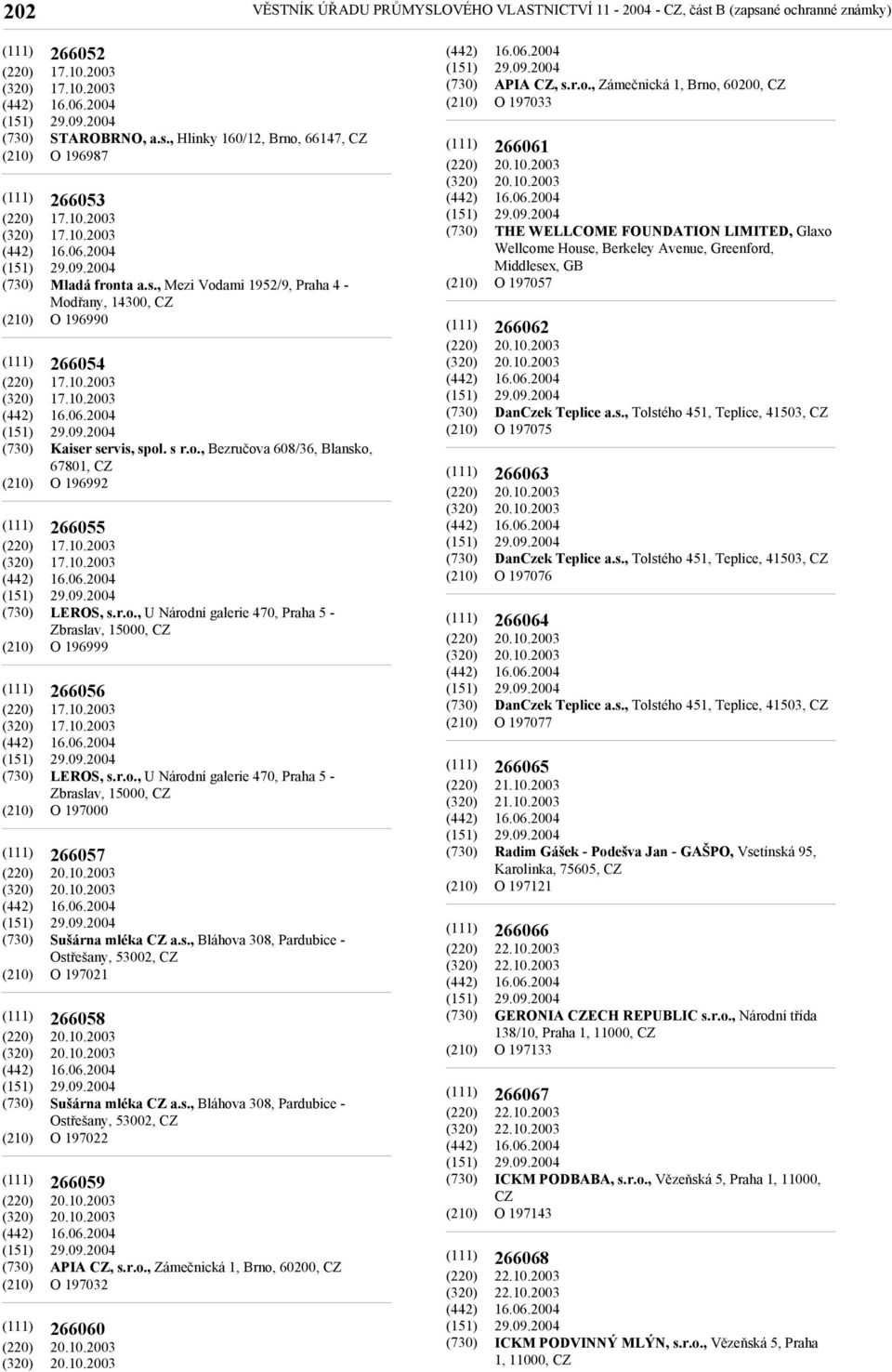 10.2003 17.10.2003 LEROS, s.r.o., U Národní galerie 470, Praha 5 - Zbraslav, 15000, O 197000 266057 20.10.2003 20.10.2003 Sušárna mléka a.s., Bláhova 308, Pardubice - Ostřešany, 53002, O 197021 266058 20.