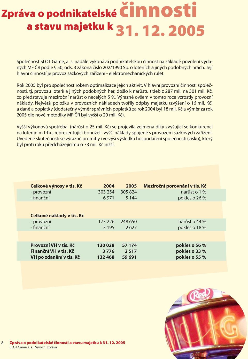 Rok 2005 byl pro společnost rokem optimalizace jejích aktivit. V hlavní provozní činnosti společnosti, tj. provozu loterií a jiných podobných her, došlo k nárůstu tržeb z 287 mil. na 301 mil.