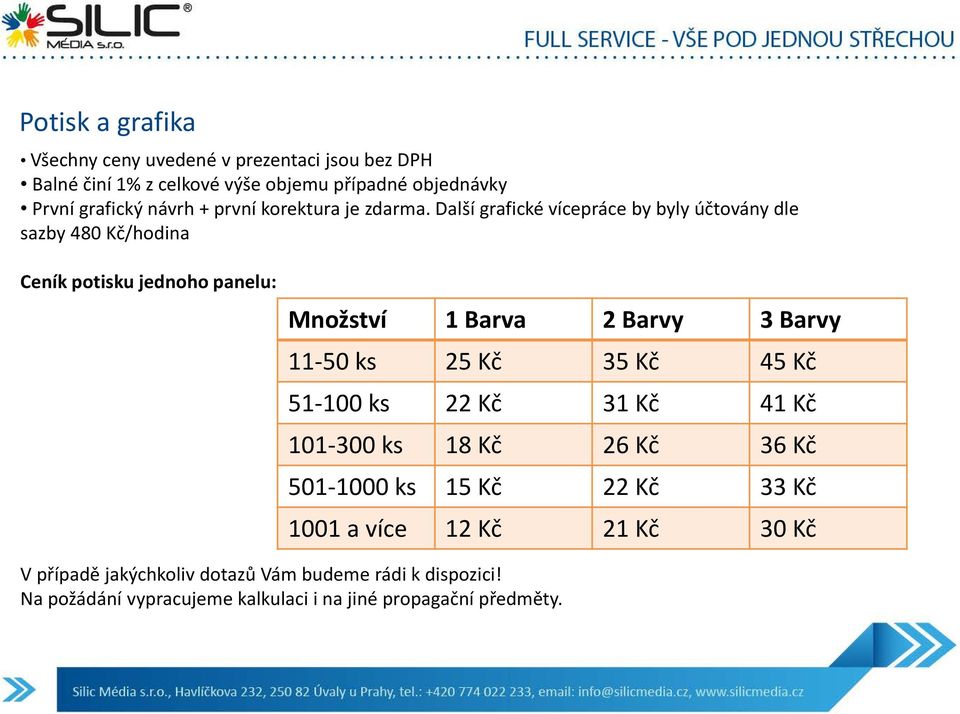 Další grafické vícepráce by byly účtovány dle sazby 480 Kč/hodina Ceník potisku jednoho panelu: Množství 1 Barva 2 Barvy 3 Barvy 11-50 ks 25