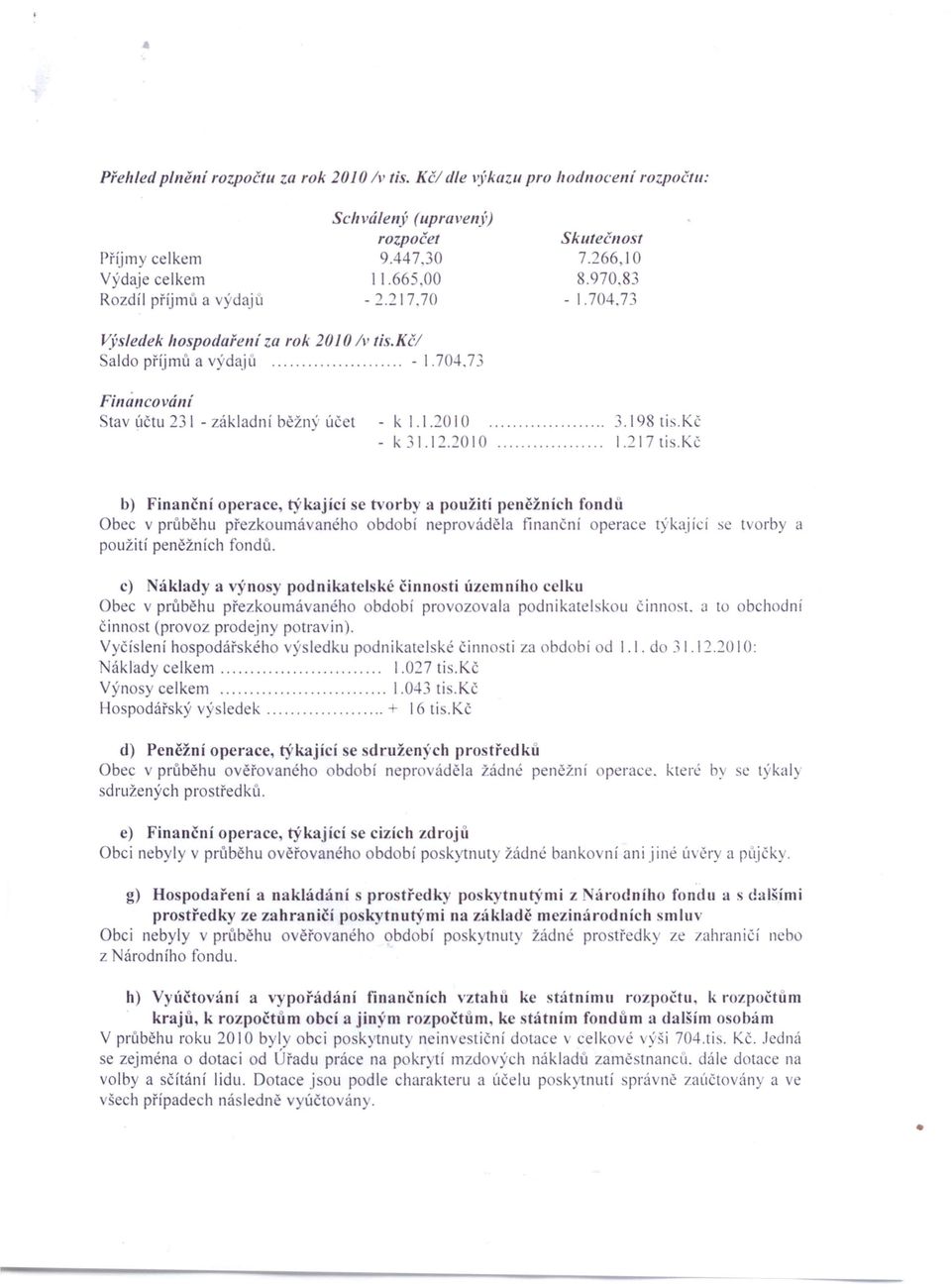 20 I O 1.217 tis. Kč b) Finanční operace týkající e tvorby a použití peněžních fondů Obec v průběhu přezkoumá aného bdobí n pro áděla finanční operace týkajici se t orby a použití peněžních fondů.