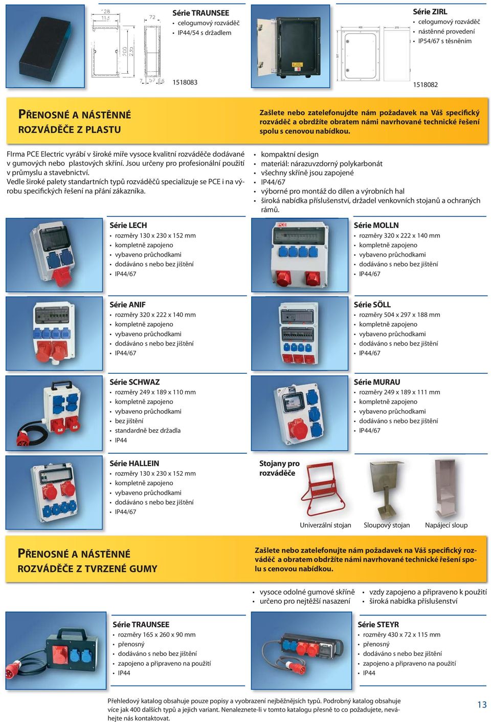 FIrma PCE Electric vyrábí v široké míře vysoce kvalitní rozváděče dodávané v gumových nebo plastových skříní. Jsou určeny pro profesionální použití v průmyslu a stavebnictví.