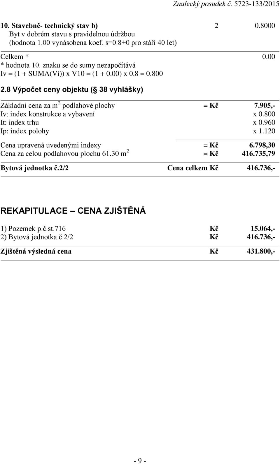 905,- Iv: index konstrukce a vybavení x 0.800 It: index trhu x 0.960 Ip: index polohy x 1.120 Cena upravená uvedenými indexy = Kč 6.798,30 Cena za celou podlahovou plochu 61.