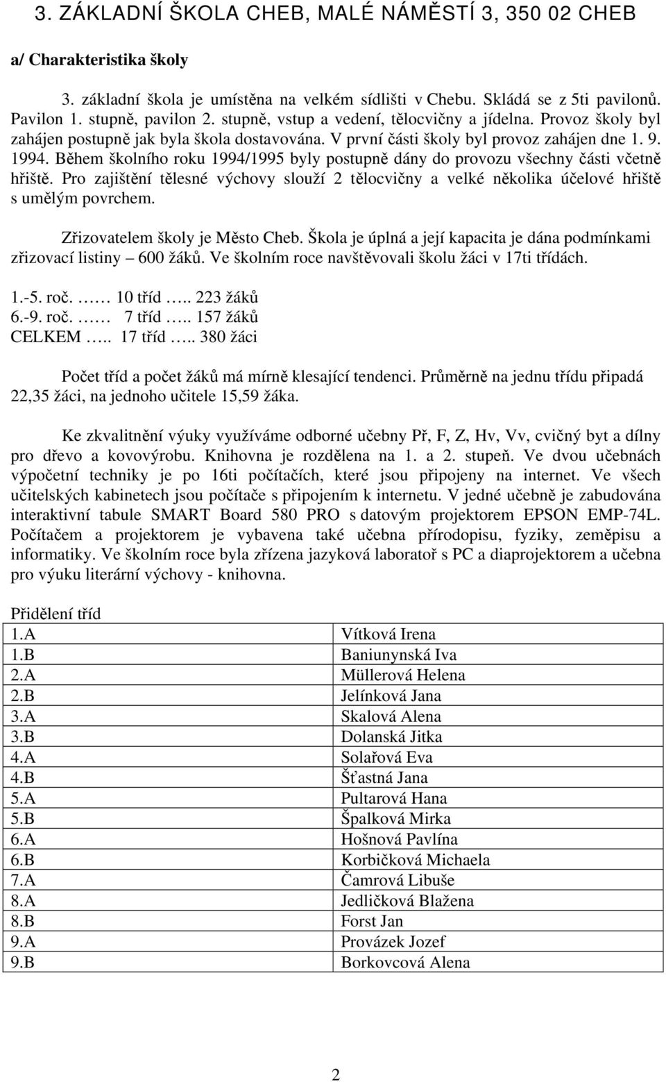 Během školního roku 1994/1995 byly postupně dány do provozu všechny části včetně hřiště. Pro zajištění tělesné výchovy slouží 2 tělocvičny a velké několika účelové hřiště s umělým povrchem.