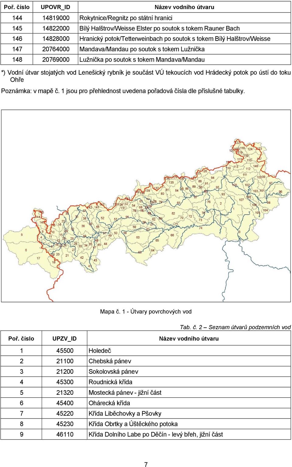 Lenešický rybník je součást VÚ tekoucích vod Hrádecký potok po ústí do toku Ohře Poznámka: v mapě č. 1 jsou pro přehlednost uvedena pořadová čísla dle příslušné tabulky. Mapa č.