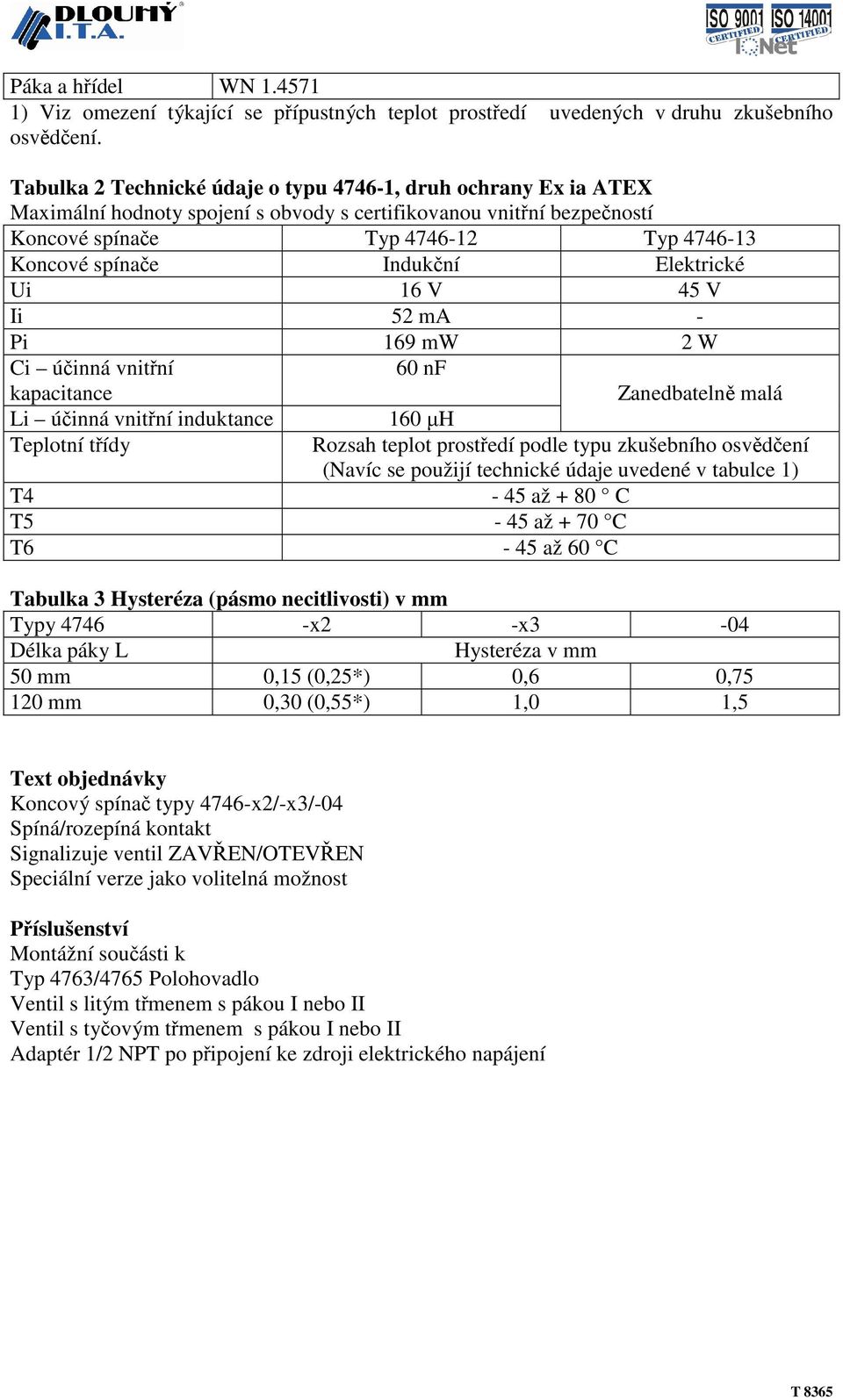 Indukční Elektrické Ui 16 V 45 V Ii 52 ma - Pi 169 mw 2 W Ci účinná vnitřní 60 nf kapacitance Zanedbatelně malá Li účinná vnitřní induktance 160 µh Teplotní třídy Rozsah teplot prostředí podle typu