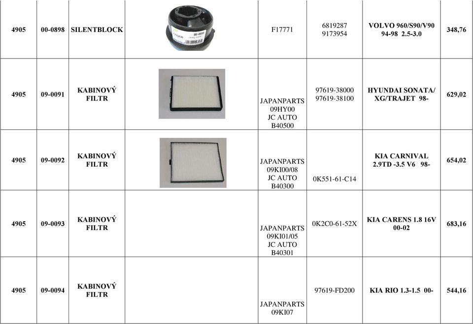 98-629,02 4905 09-0092 KABINOVÝ FILTR JAPANPARTS 09KI00/08 JC AUTO B40300 0K551-61-C14 KIA CARNIVAL 2.9TD -3.