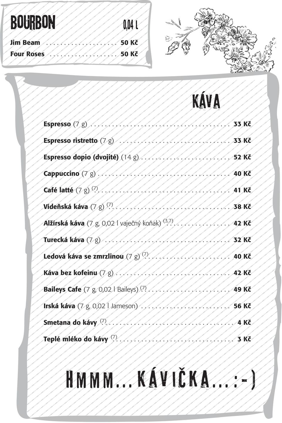 ................. Turecká káva (7 g)................................... Ledová káva se zmrzlinou (7 g)........................ Káva bez kofeinu (7 g)................................ Baileys Cafe (7 g, 0,02 l Baileys).