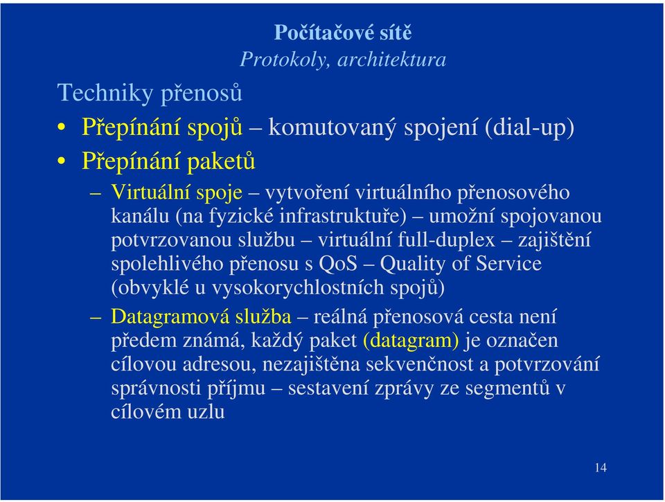 spolehlivého přenosu s QoS Quality of Service (obvyklé u vysokorychlostních spojů) Datagramová služba reálná přenosová cesta není předem