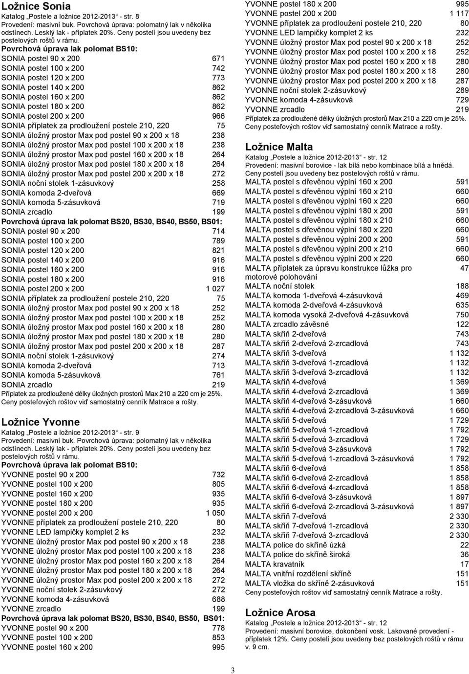 Povrchová úprava lak polomat BS10: SONIA postel 90 x 200 671 SONIA postel 100 x 200 742 SONIA postel 120 x 200 773 SONIA postel 140 x 200 862 SONIA postel 160 x 200 862 SONIA postel 180 x 200 862