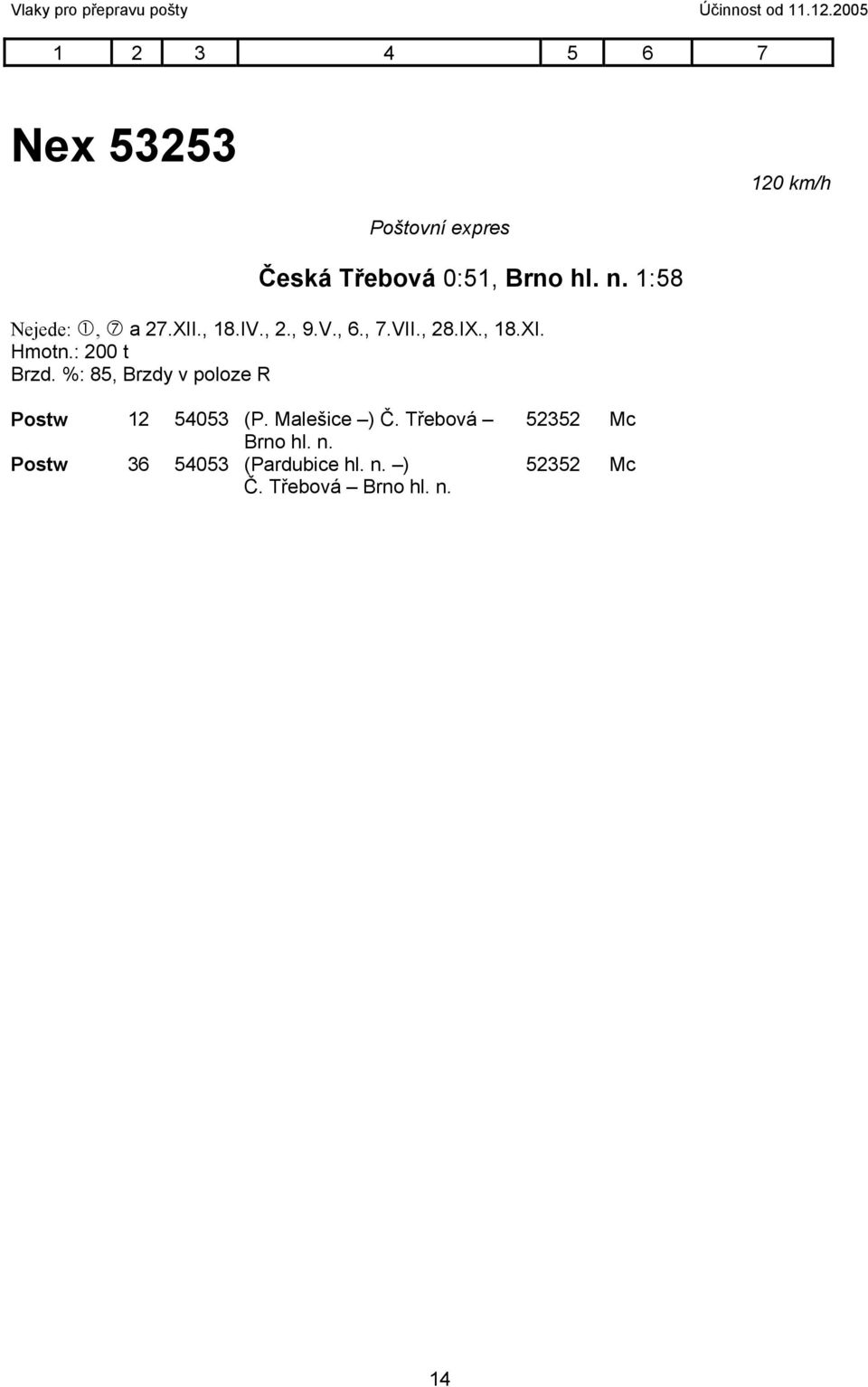 1:58 Nejede:, a 27.XII., 18.IV., 2., 9.V., 6., 7.VII., 28.IX., 18.XI. Hmotn.: 200 t Brzd.