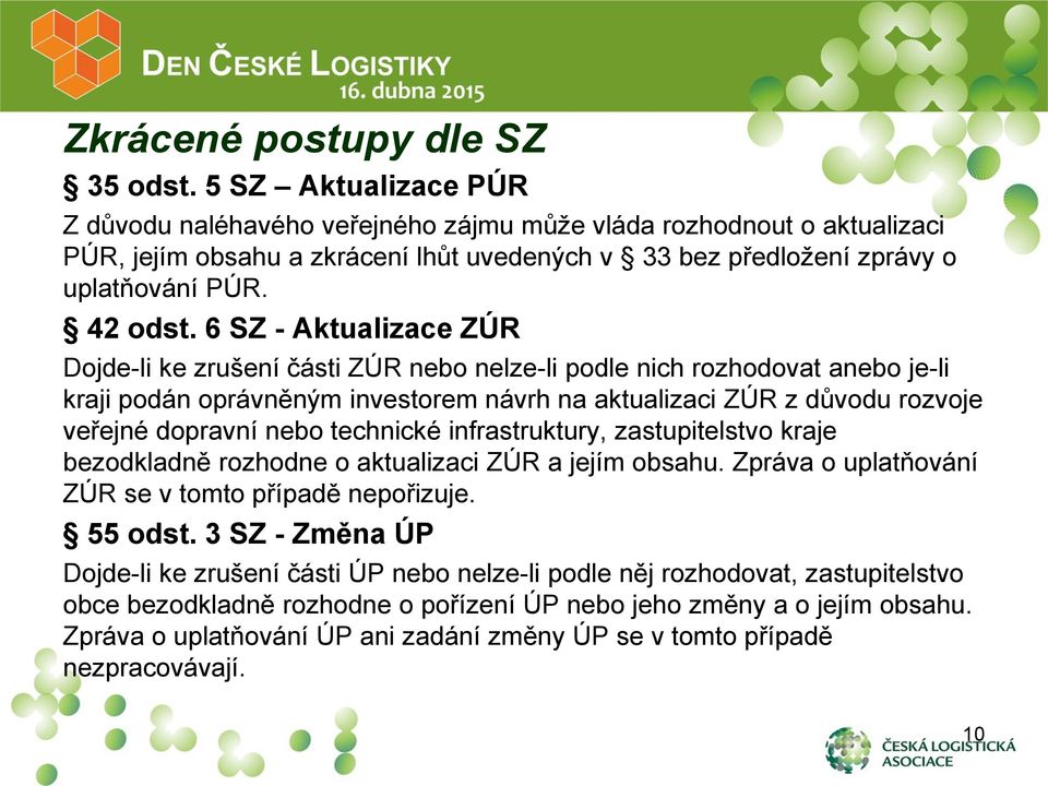 6 SZ - Aktualizace ZÚR Dojde-li ke zrušení části ZÚR nebo nelze-li podle nich rozhodovat anebo je-li kraji podán oprávněným investorem návrh na aktualizaci ZÚR z důvodu rozvoje veřejné dopravní nebo