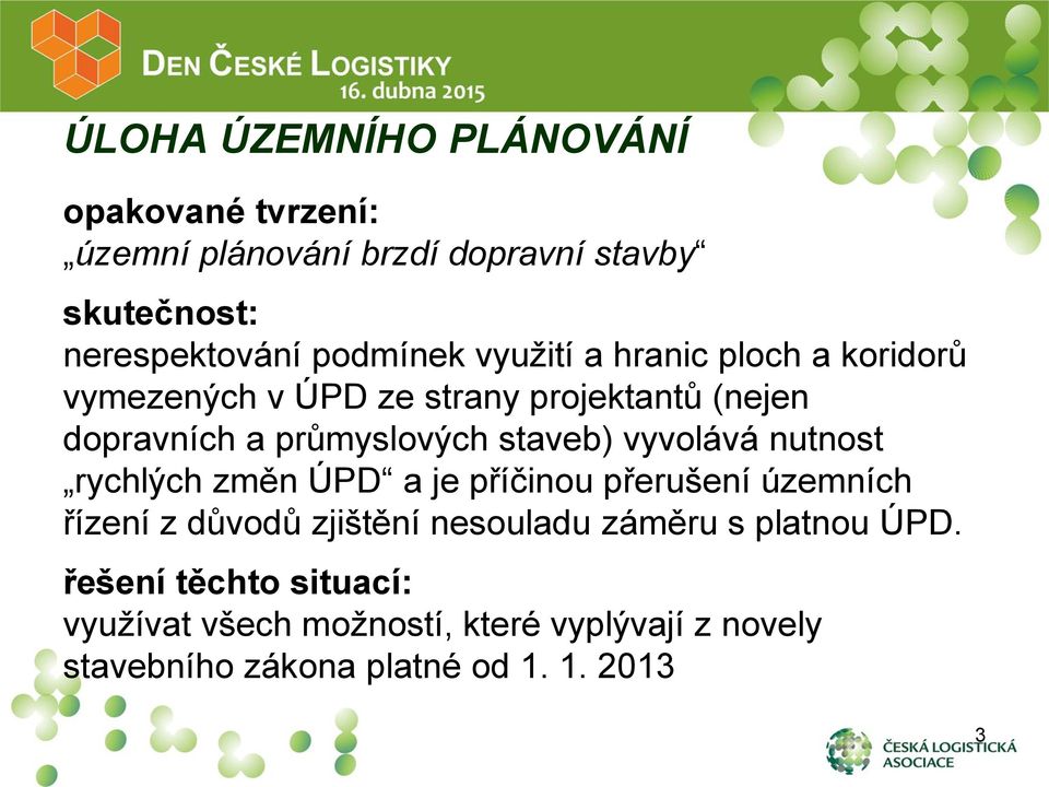 staveb) vyvolává nutnost rychlých změn ÚPD a je příčinou přerušení územních řízení z důvodů zjištění nesouladu záměru