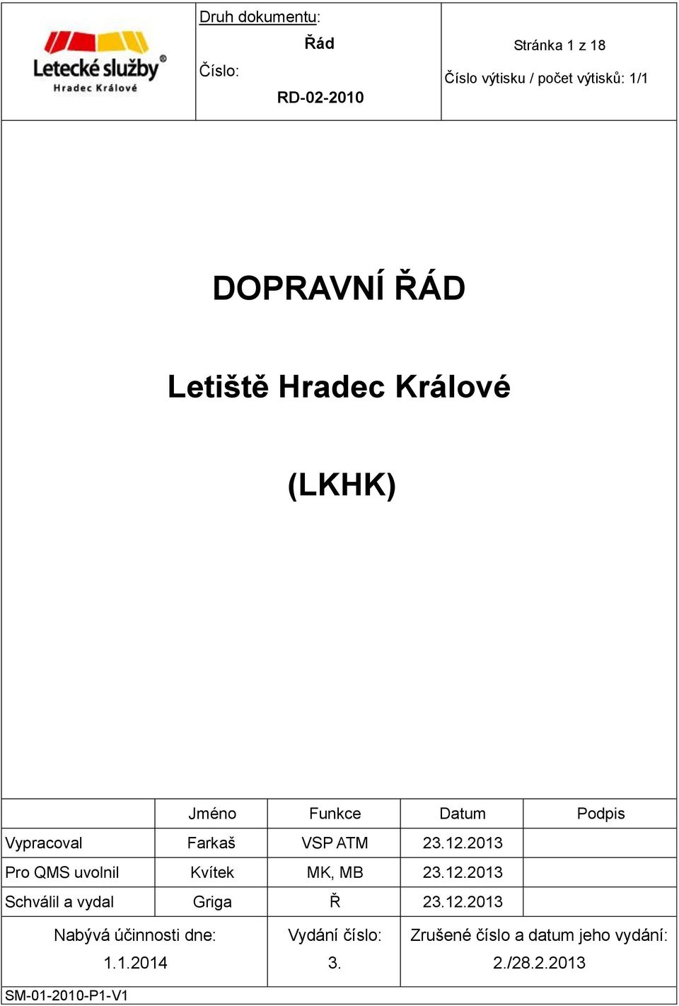 2013 Pro QMS uvolnil Kvítek MK, MB 23.12.2013 Schválil a vydal Griga Ř 23.12.2013 Nabývá účinnosti dne: SM-01-2010-P1-V1 1.