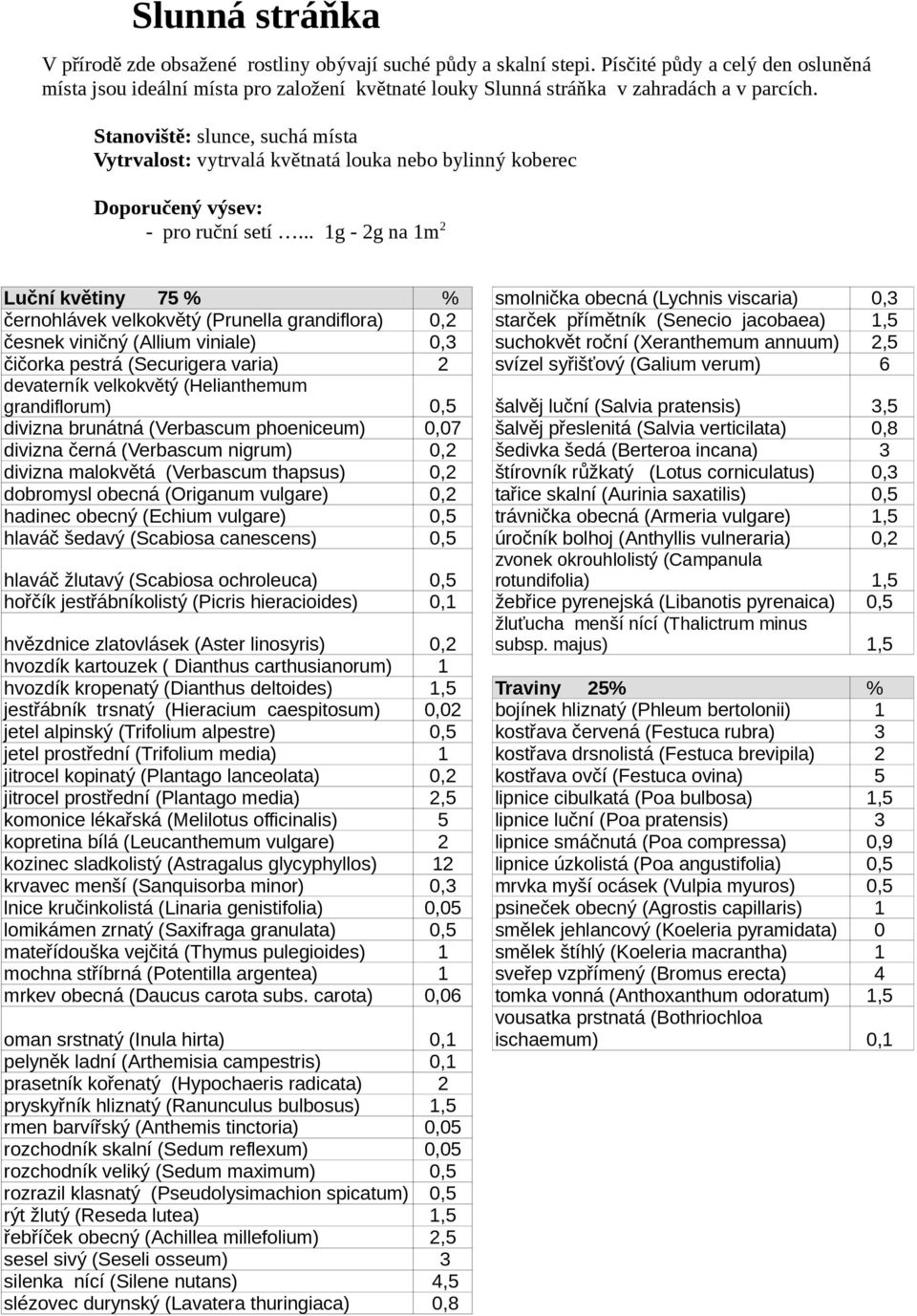 .. 1g - 2g na 1m 2 Luční květiny 75 % % smolnička obecná (Lychnis viscaria) 0,3 černohlávek velkokvětý (Prunella grandiflora) 0,2 starček přímětník (Senecio jacobaea) 1,5 česnek viničný (Allium