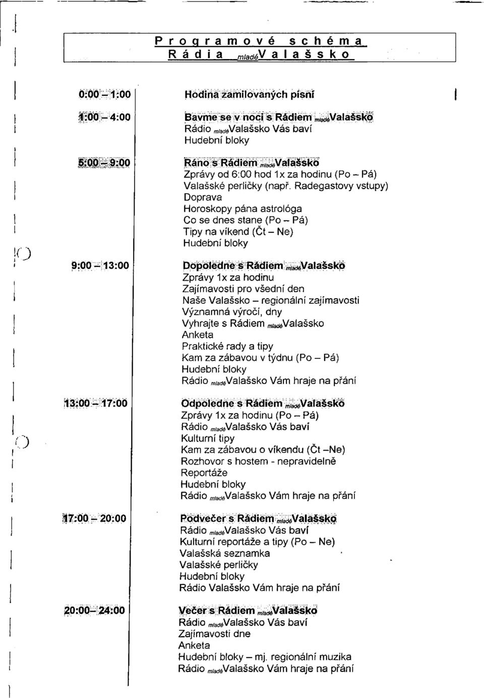 Radegastovy vstupy) Doprava Horoskopy pána astrologa Co se dnes stane (Po - Pá) Tipy na víkend (Čt - Ne) Hudební bloky Dopoledne s Rádiem m/adóvalašsko Zprávy 1x za hodinu Zajímavosti pro všední den