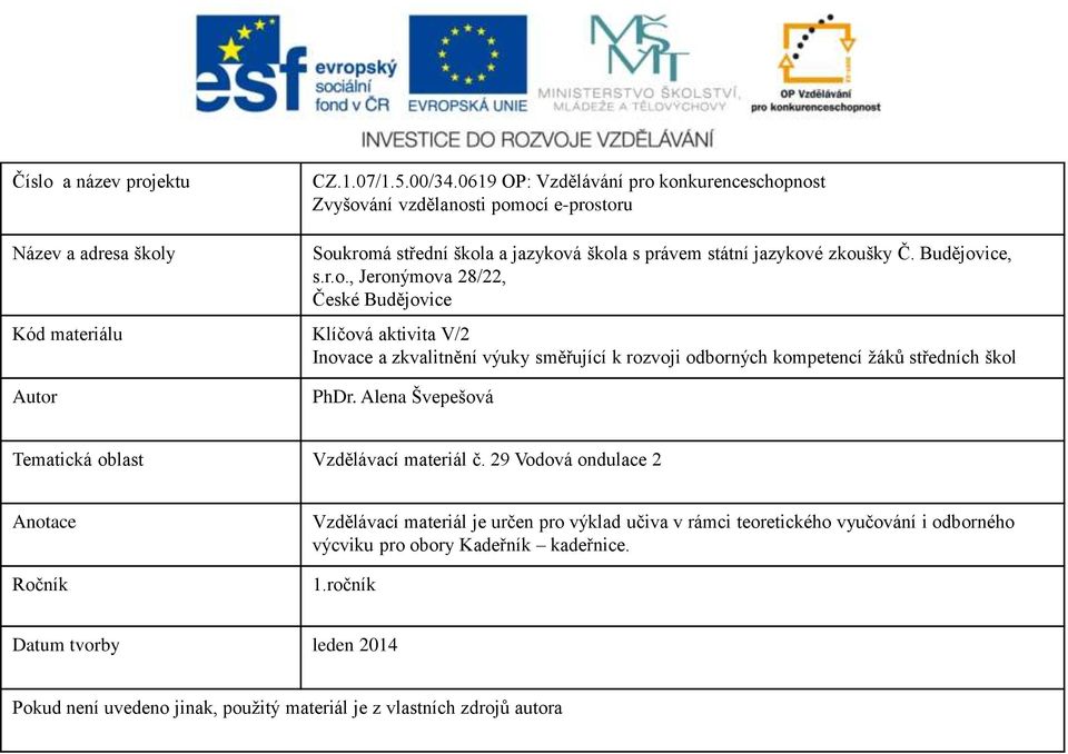 Budějovice, s.r.o., Jeronýmova 28/22, České Budějovice Kód materiálu Klíčová aktivita V/2 Inovace a zkvalitnění výuky směřující k rozvoji odborných kompetencí žáků středních škol Autor PhDr.