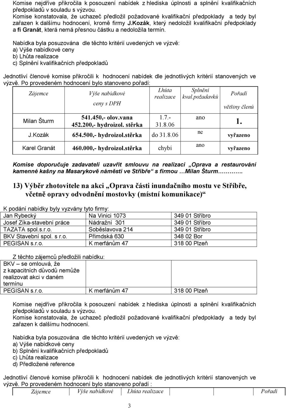 vana 452.200,- hydroizol. stěrka 1.7.- 31.8.06 J.Kozák 654.500,- hydroizol.stěrka do 31.8.06 Karel Granát 460.000,- hydroizol.stěrka chybí ano ne ano 1.