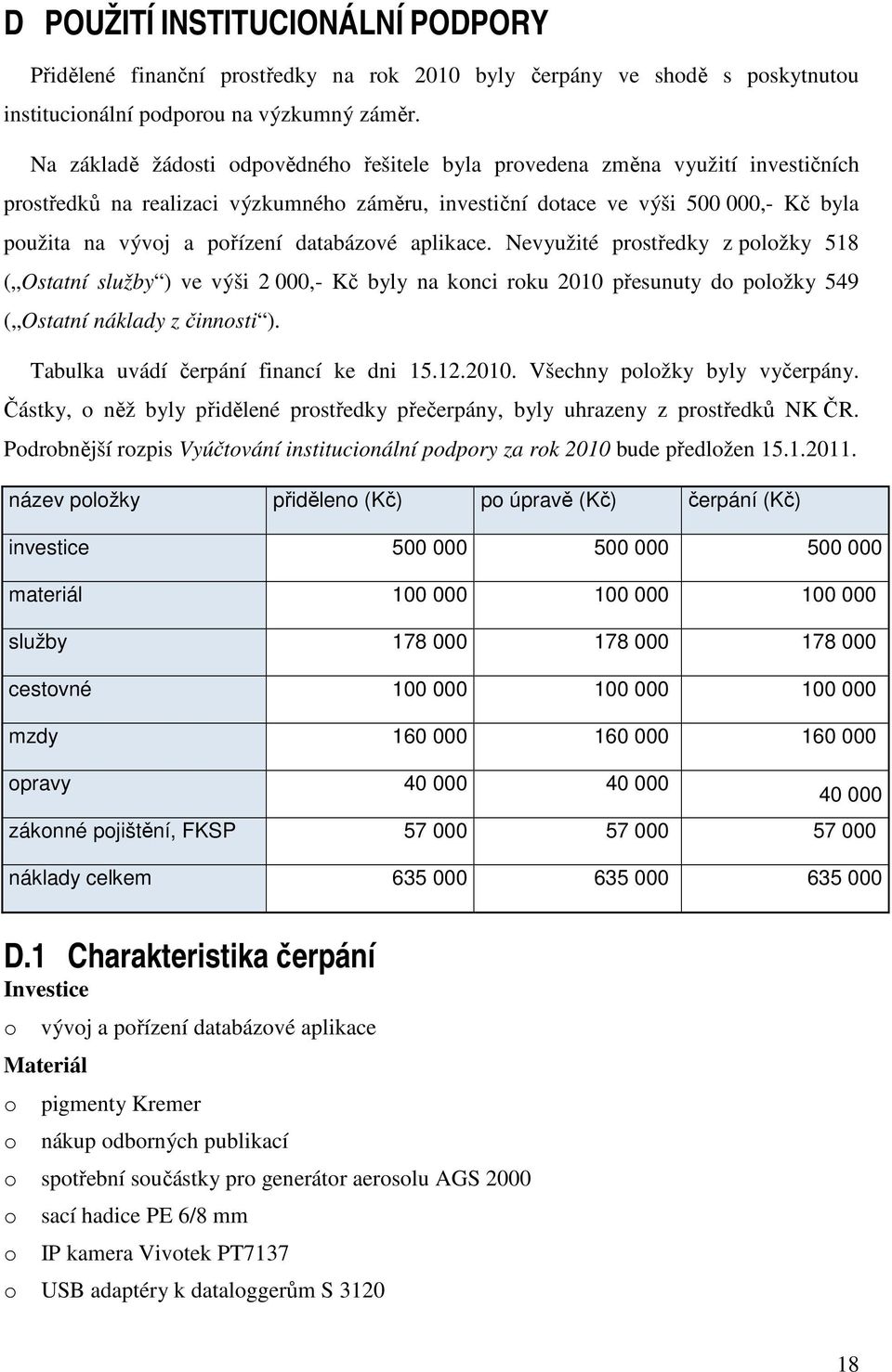 databázové aplikace. Nevyužité prostředky z položky 518 ( Ostatní služby ) ve výši 2 000,- Kč byly na konci roku 2010 přesunuty do položky 549 ( Ostatní náklady z činnosti ).