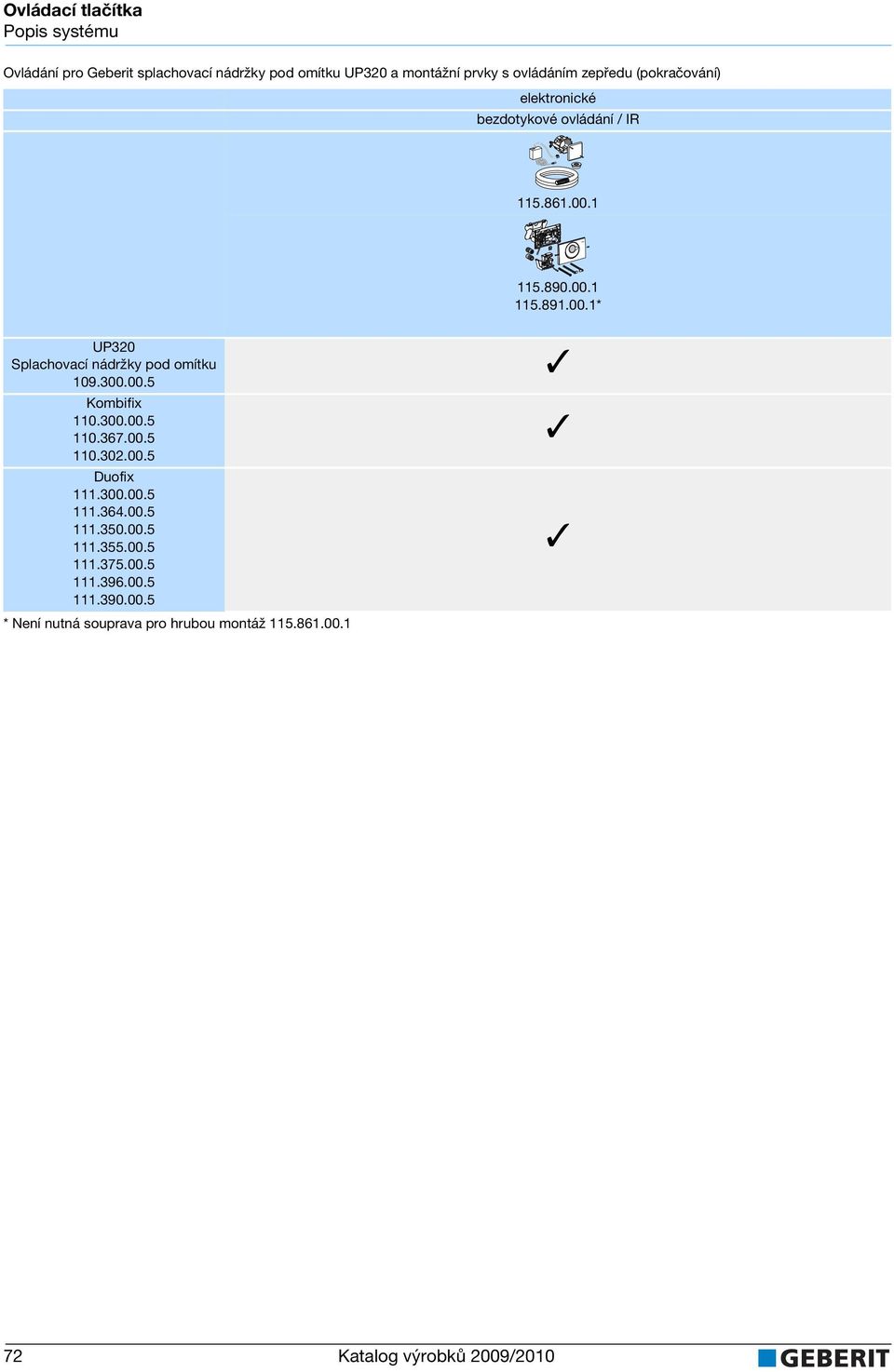 (pokračování) elektronické bezdotykové ovládání / IR 115.861.00.1 115.890.00.1 115.891.00.1* UP320 Splachovací nádržky pod omítku 109.
